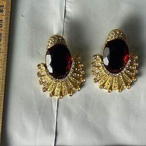 Vintage Gold Tone Red Gemstone Clip On Earrings Fancy Statement Glam
